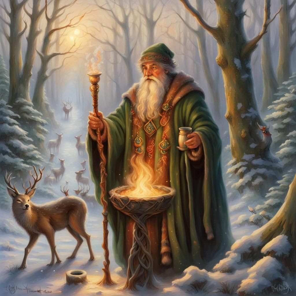 Whimsical Christmas Druid in Snowy Woodland
