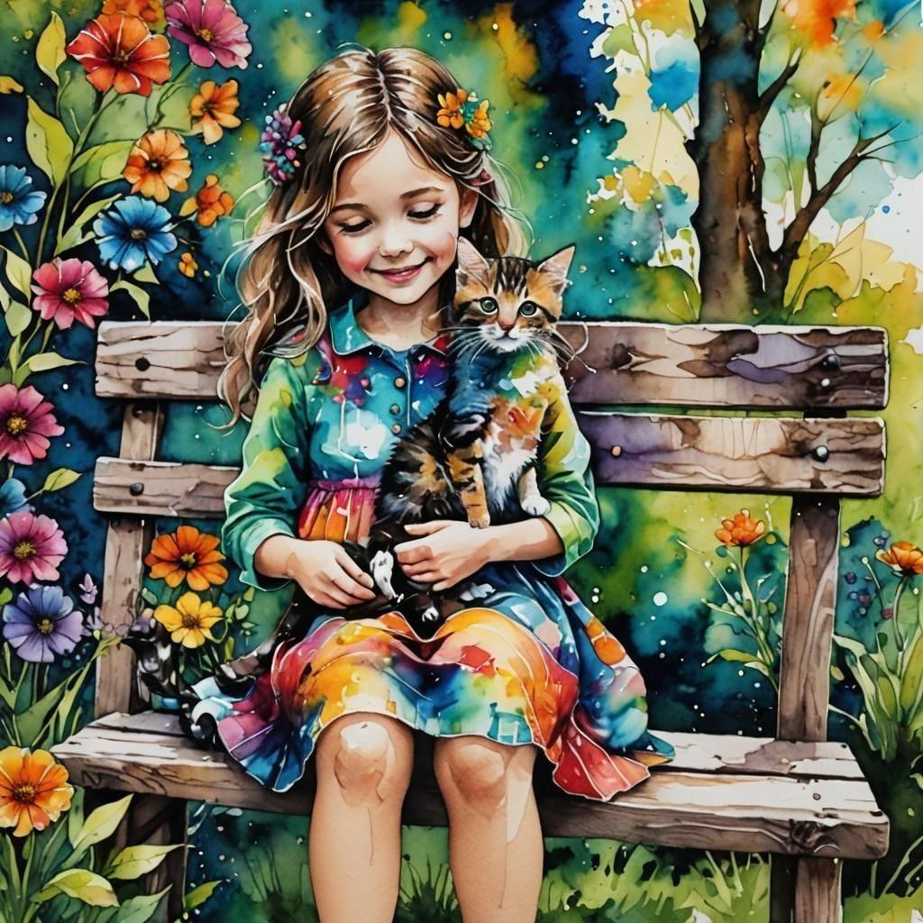 Girl with Kitten: Alcohol Ink Splash Art