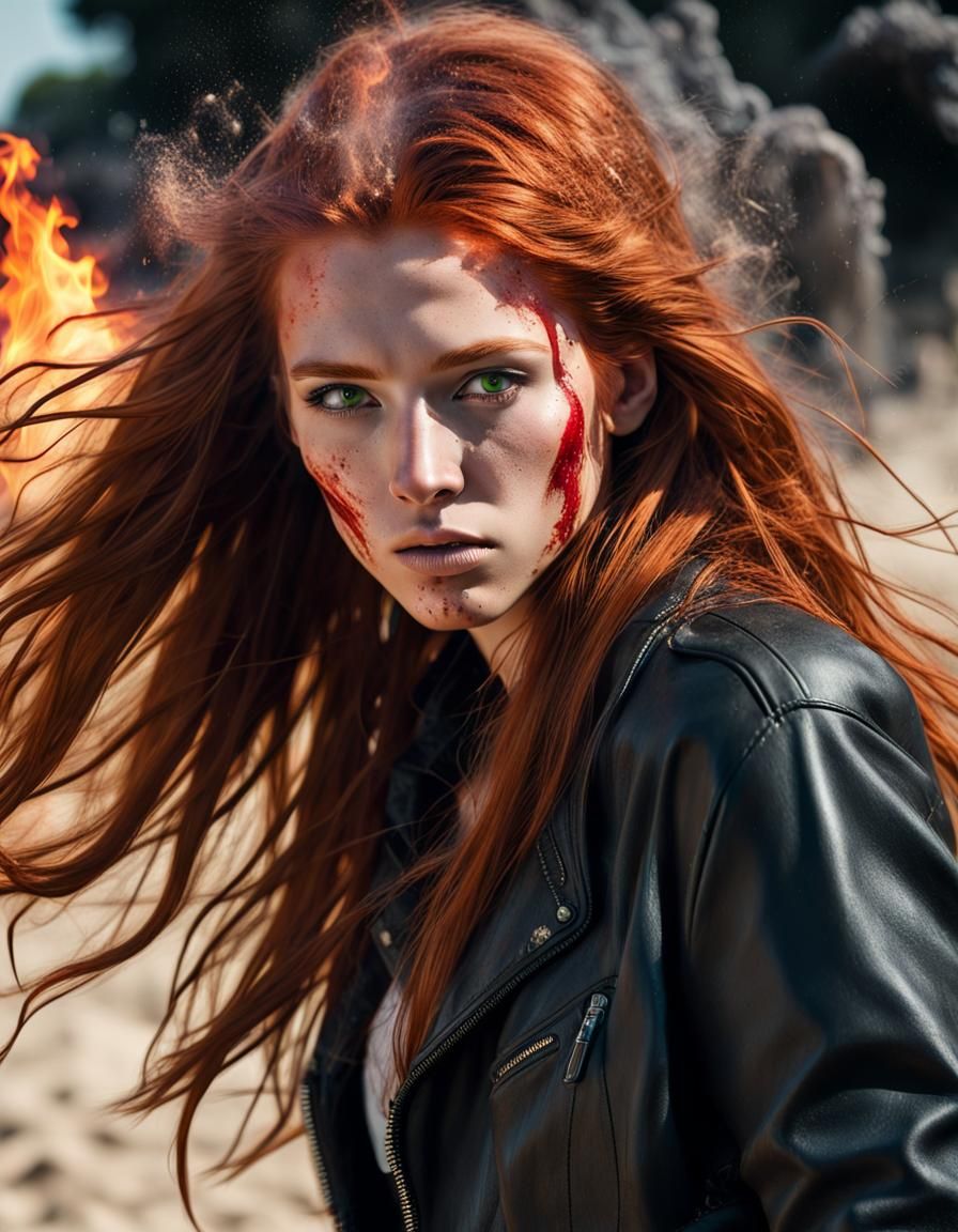 Fiery Portrait: Girl with Red Hair in Explosive Scene