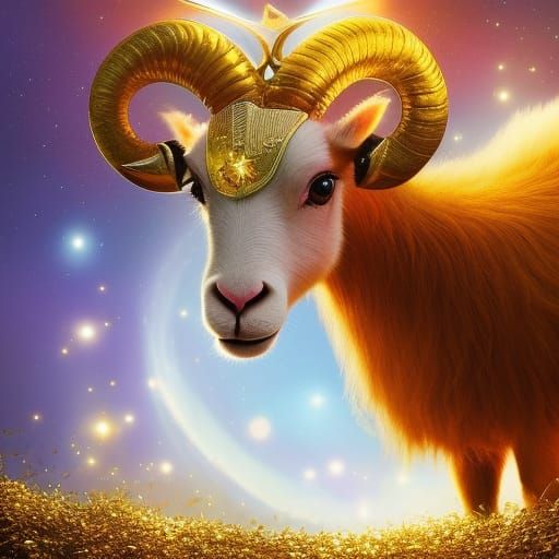 Adorable Baby Ram with Golden Sparkles, Pixar Style