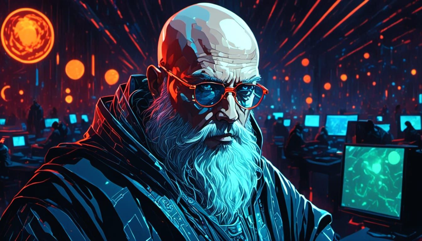 Bald Wizard in Futuristic Lab, Syd Mead Style