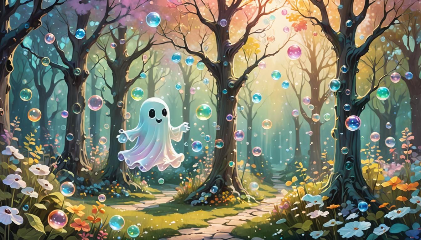 Happy Ghost Blowing Bubbles in Sunlit Garden