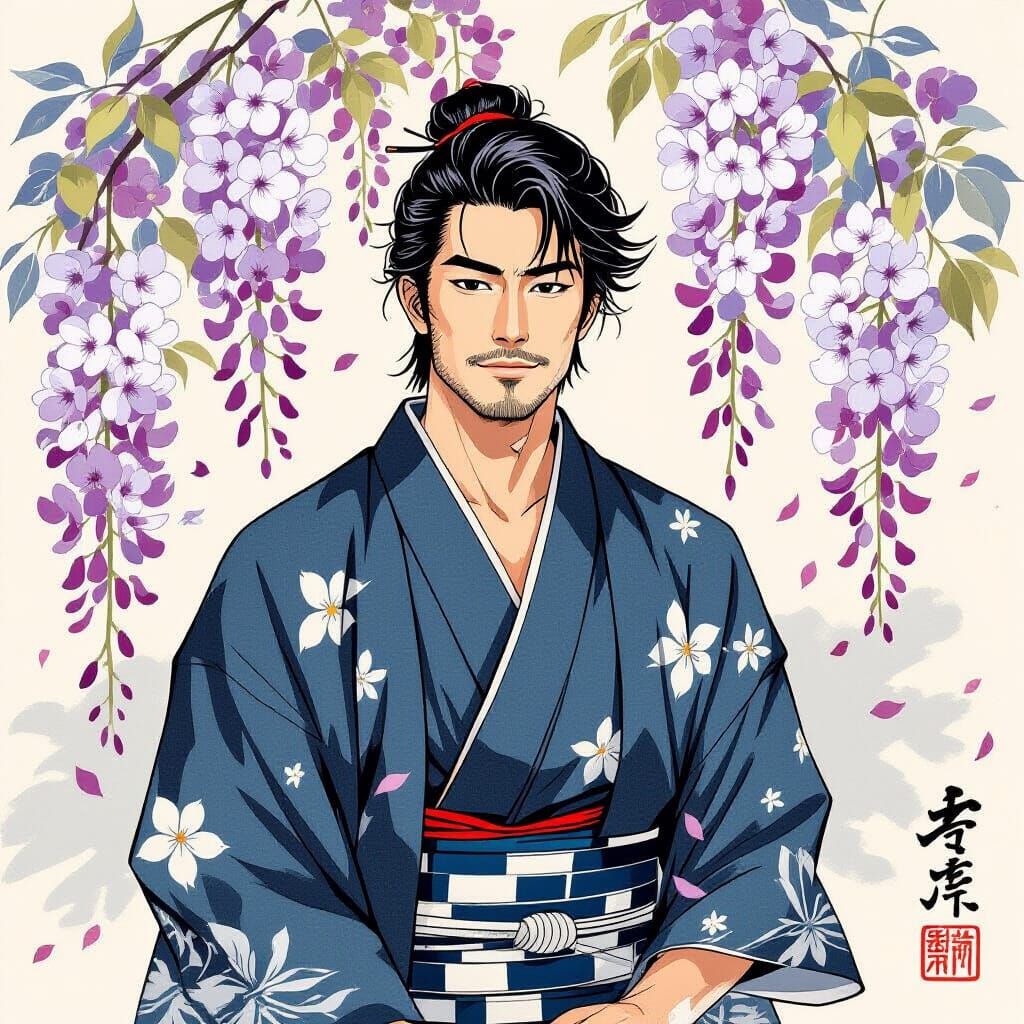 Japanese Man in Yukata with Wisteria, Ukiyo-e Style