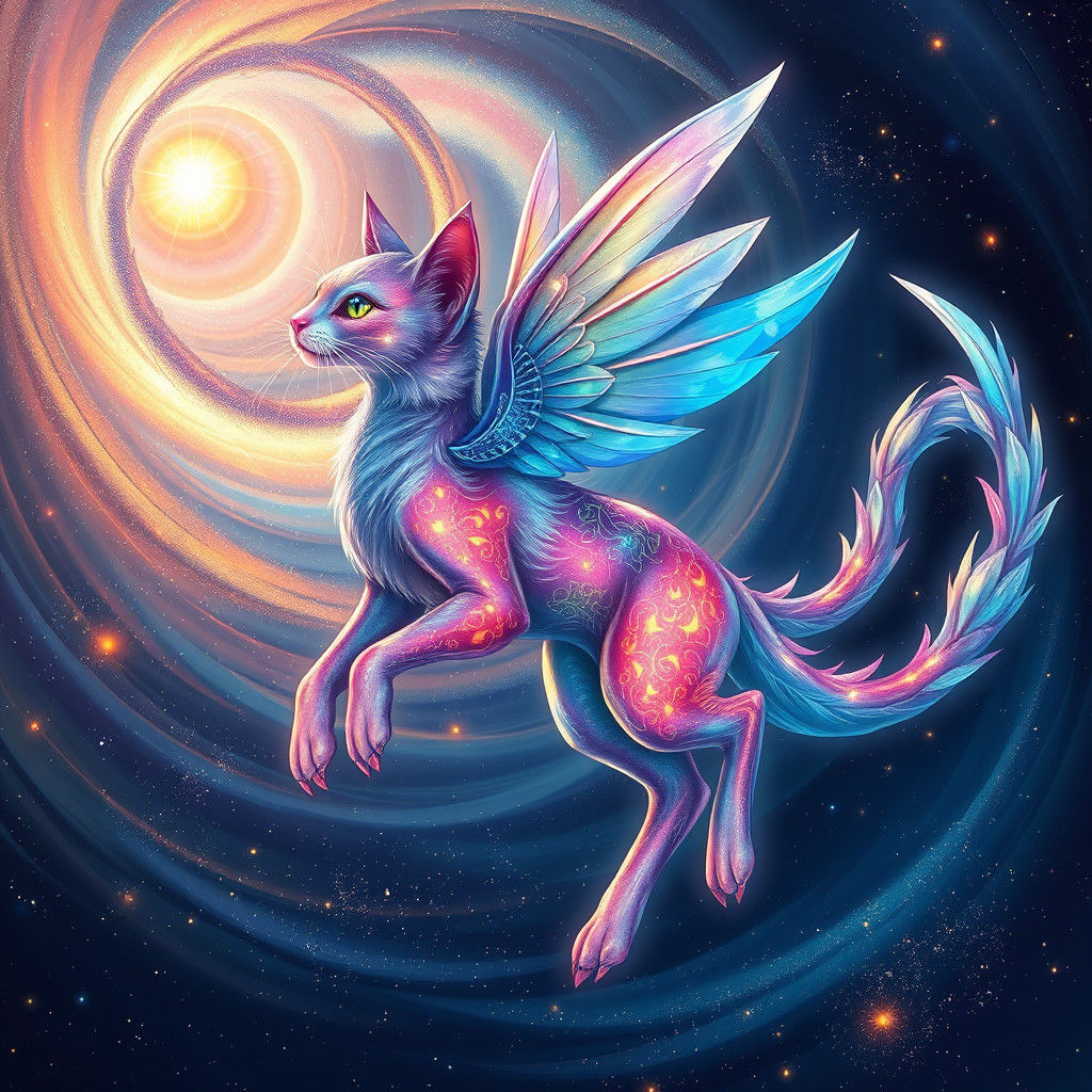 Iridescent Astral Cat in Cosmic Dreamscape