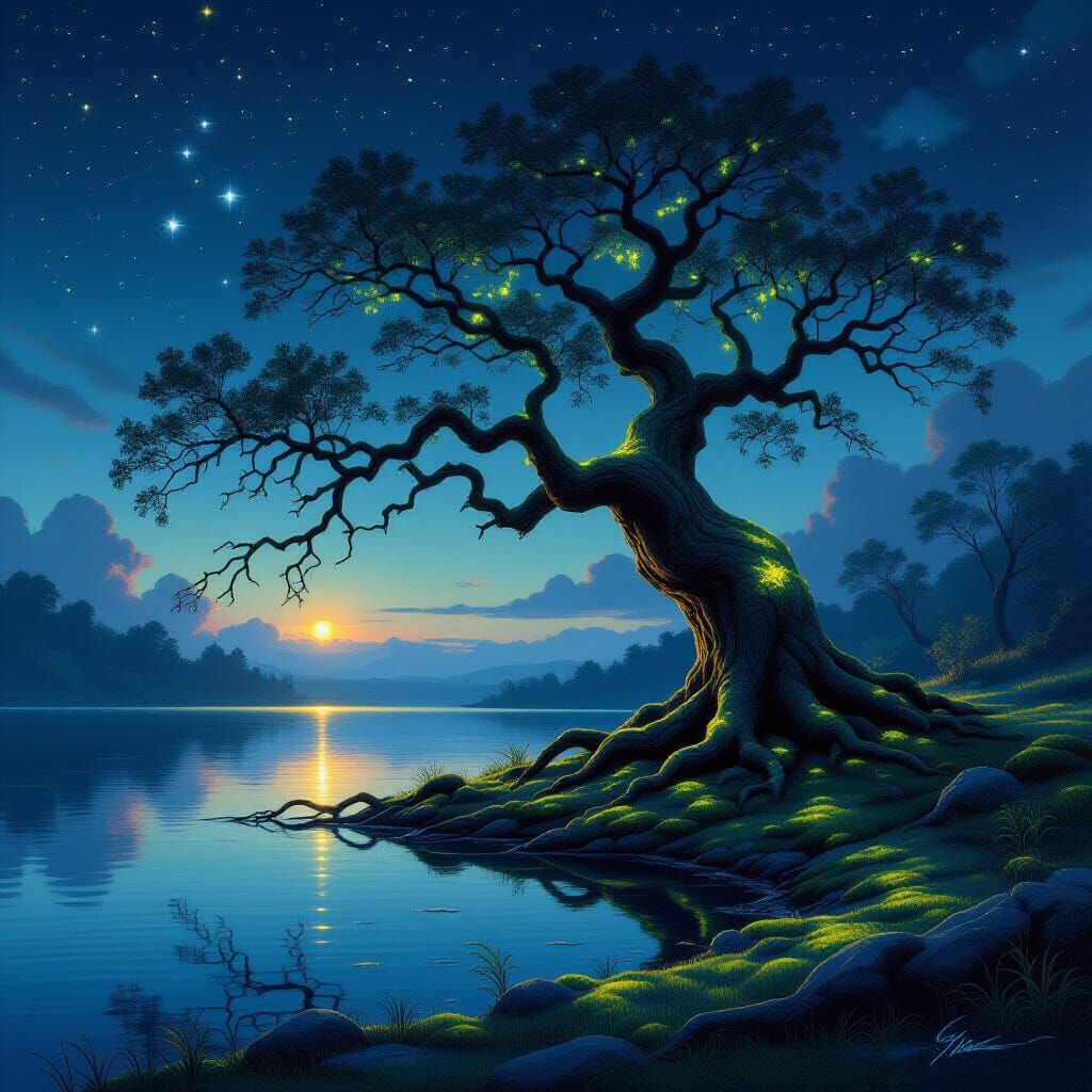 Ancient Tree by Starlit Lake in Painterly Fantasy Style