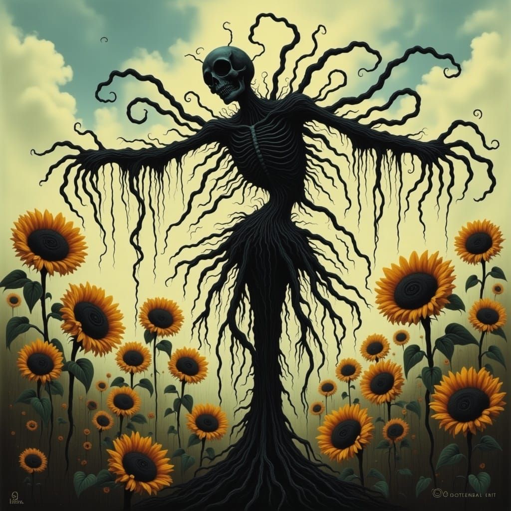 Sinister Scarecrow in a Field of Sunflowers