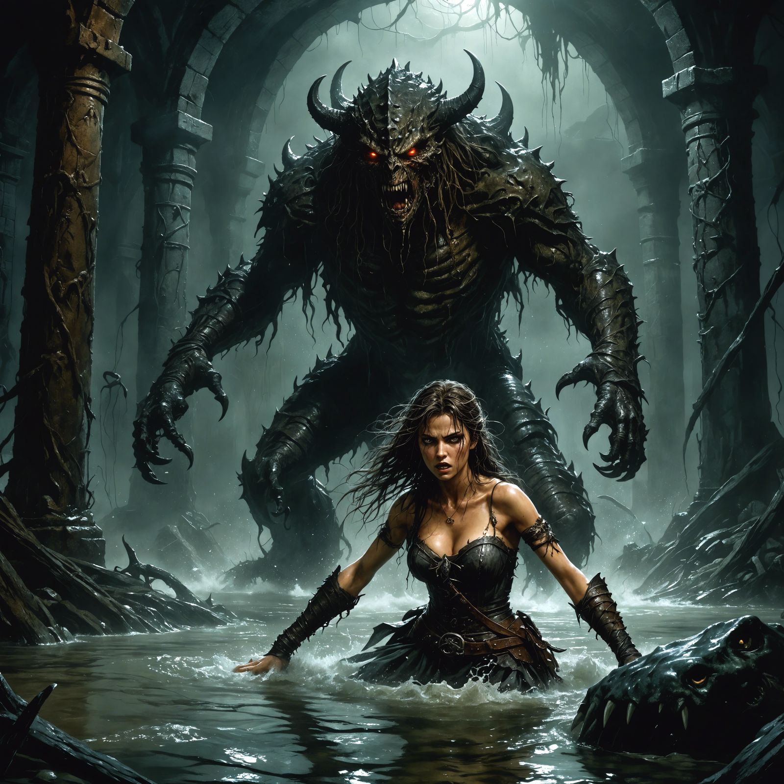 Terrified Adventuress Attacked in Flooded Dungeon