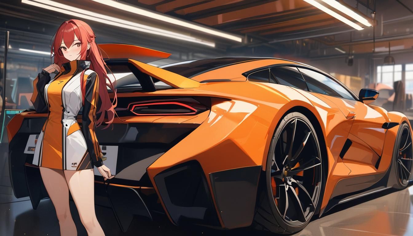 Redhead and Orange Electric Car in Design Studio