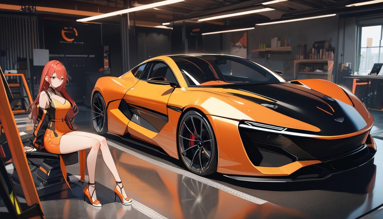 Red-Haired Woman and Futuristic Orange Electric Sports Car