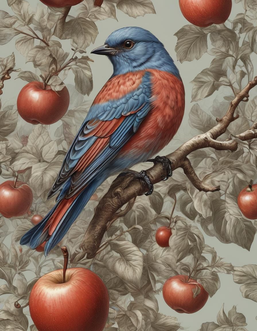 Blue Bird on Red Apple Digital Image