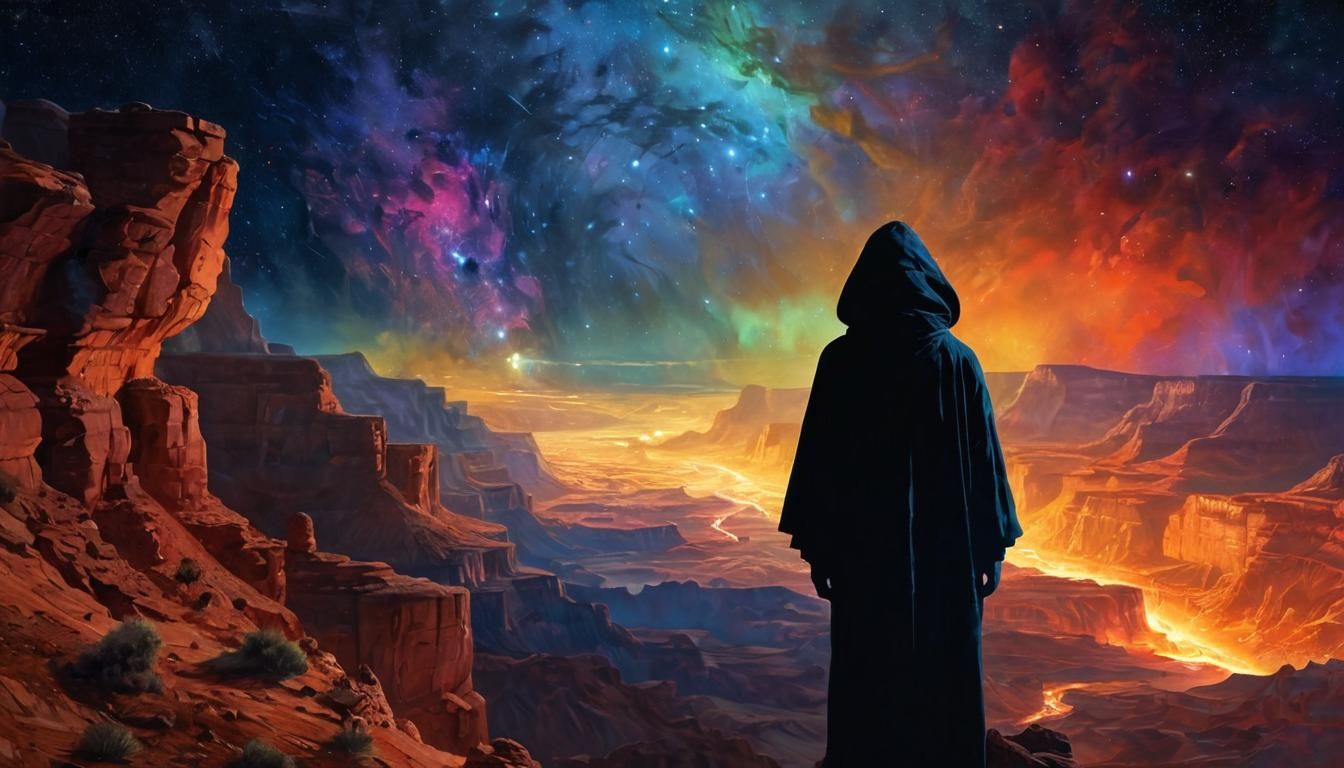 Hooded Figure in Cosmic Grand Canyon: Digital Art