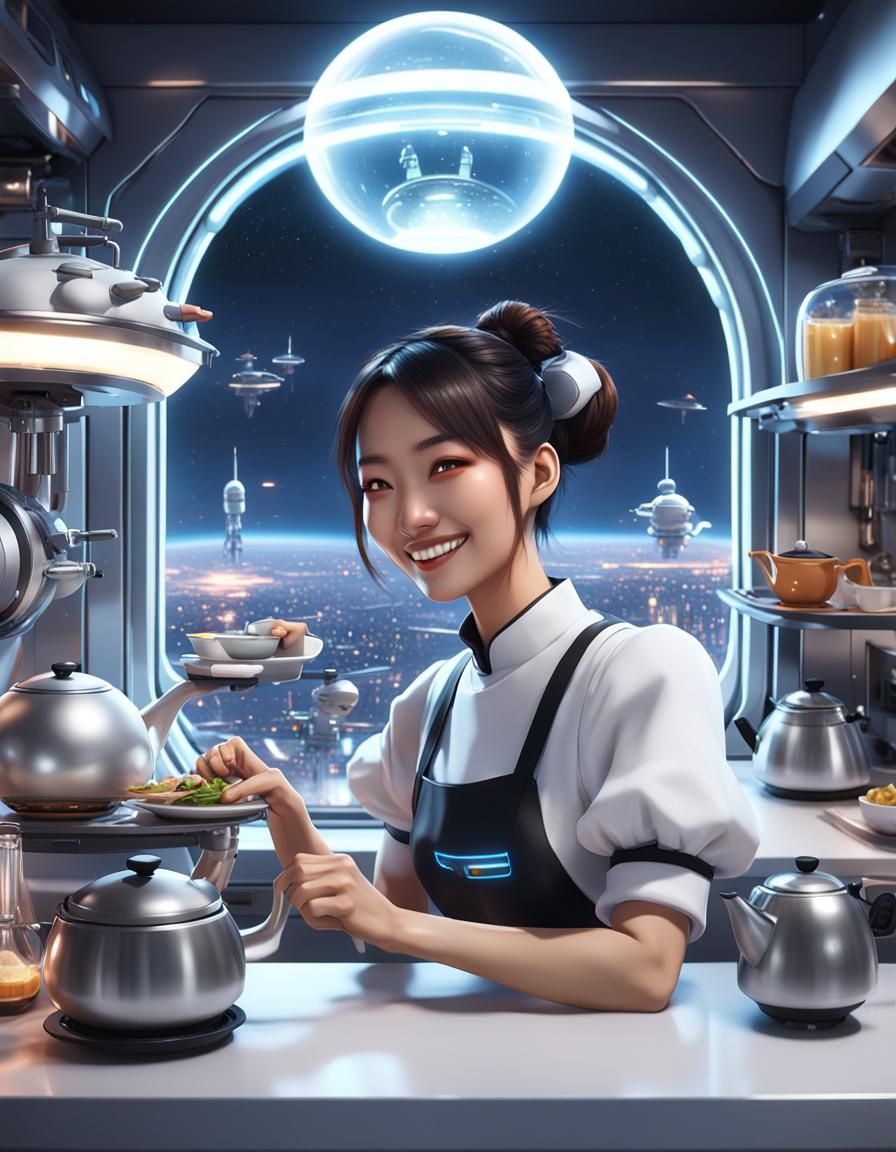 Smiling Woman in Robotic Kitchen, Anime Art