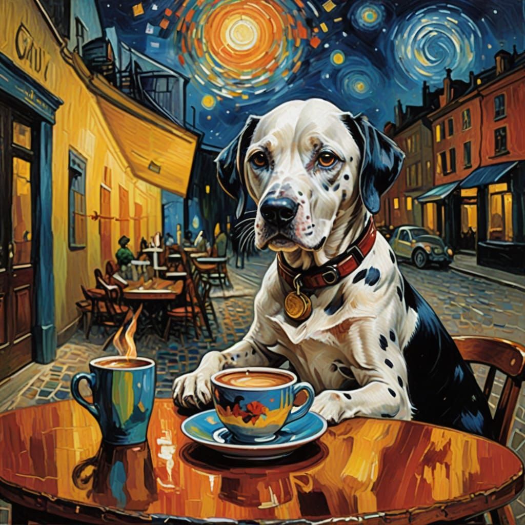 Dalmatian Firefighter Sips Coffee in a Vibrant NightCafe