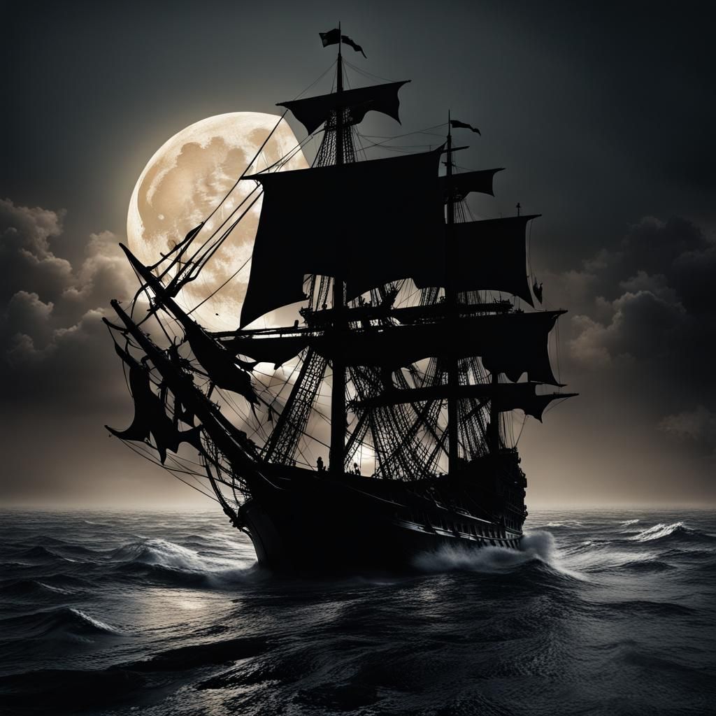Pirate Ship Silhouette Under Moonlight in HDR