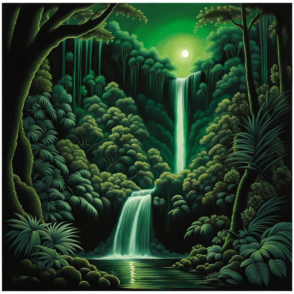 Moonlit Jungle Waterfall in Pastel Drawing Style