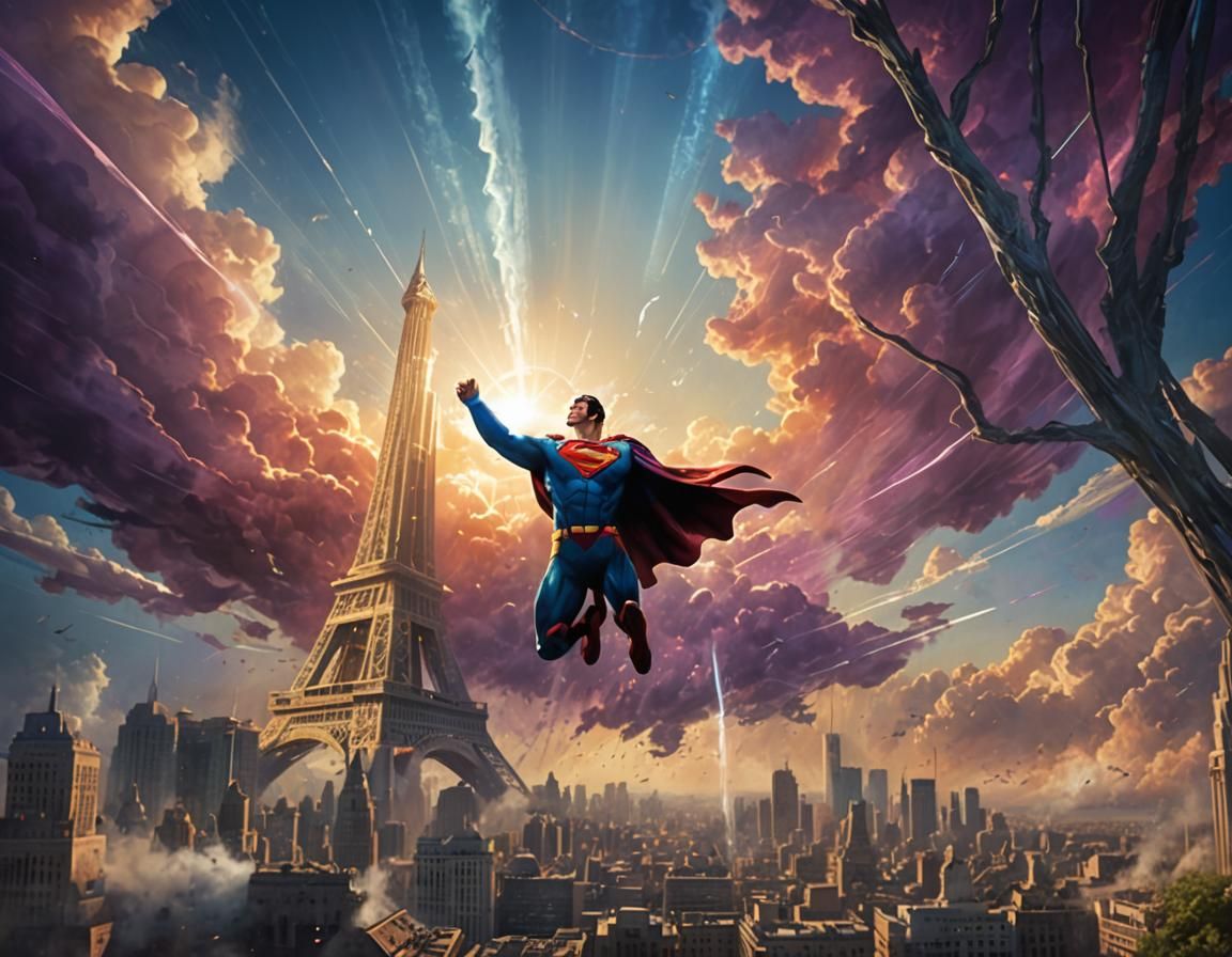 Superman Soaring Through Mystical Sky: Fantasy Concept Art