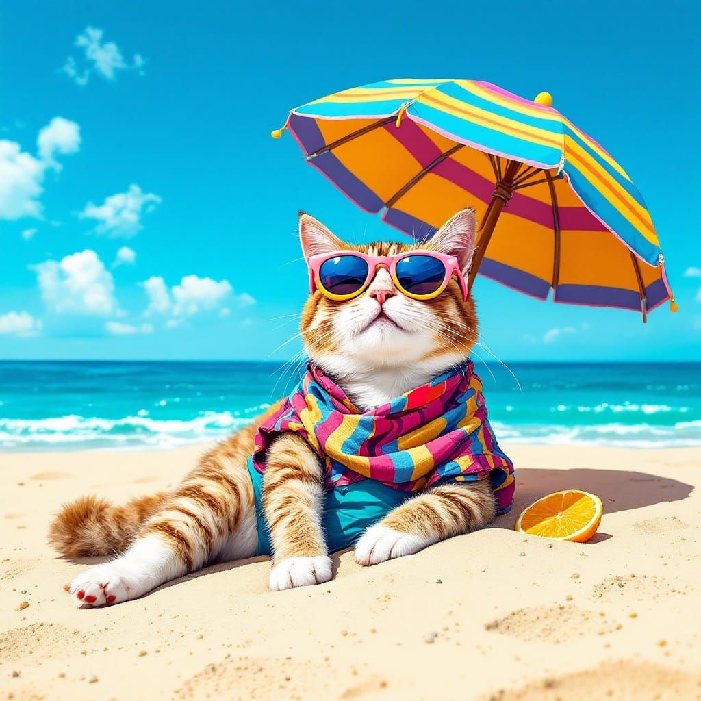 Playful Cat Lounging on Beach in Pop Art Style