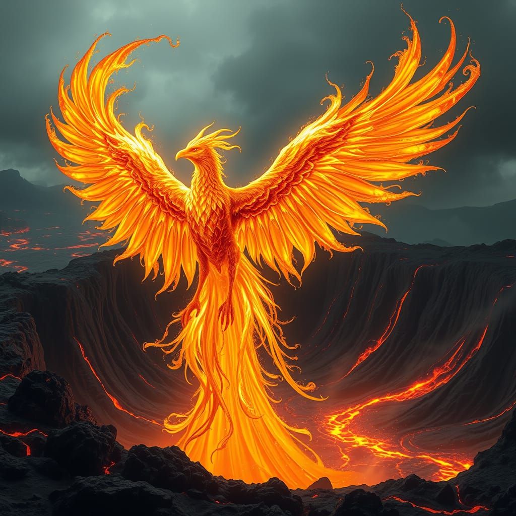 Molten Gold Phoenix Rises From Volcano in Epic Fantasy Style