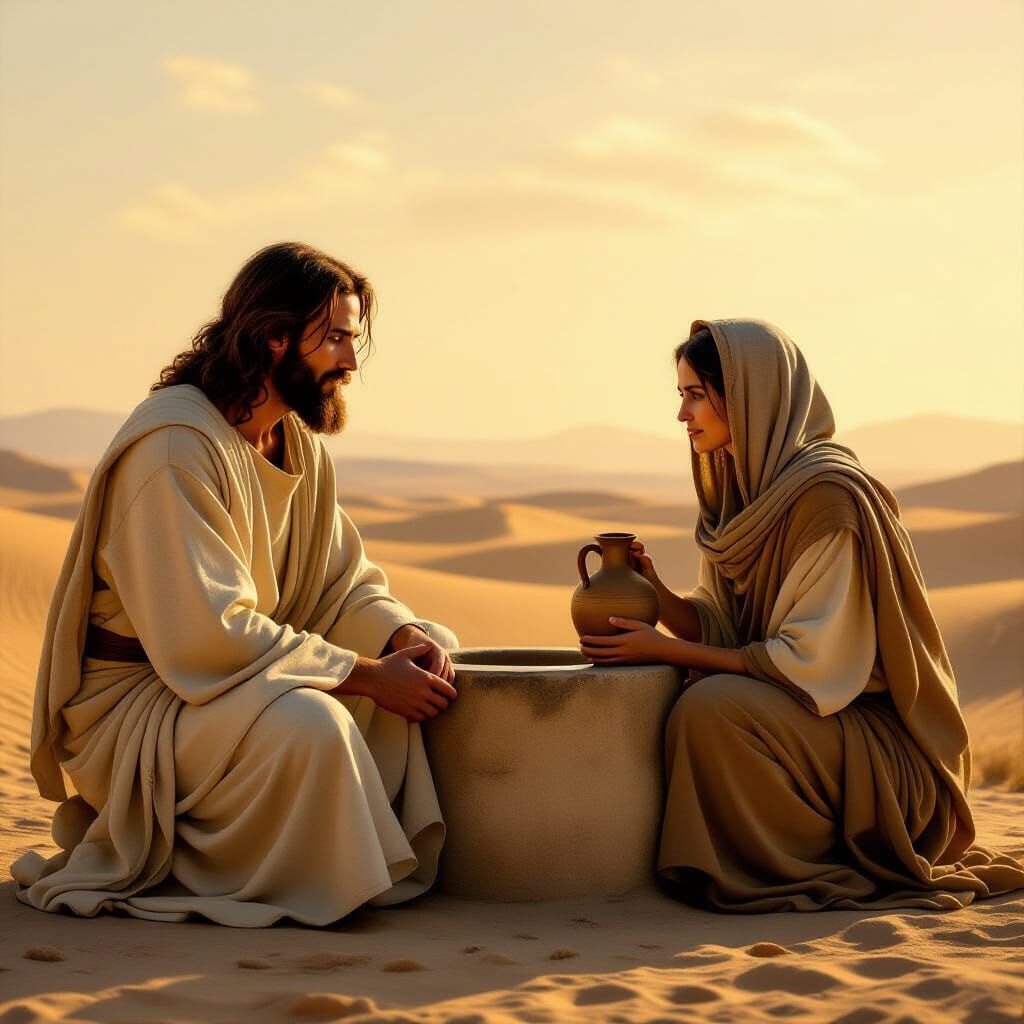 Jesus Meets Samaritan Woman at Well in Golden Desert Light