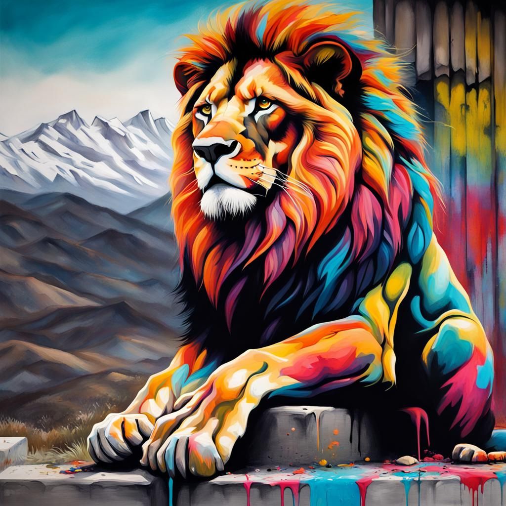 Majestic Lion in Graffiti Art Gazing at Mountains