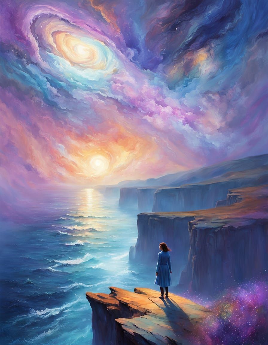Woman Overlooking Alien Ocean in Impressionist Style