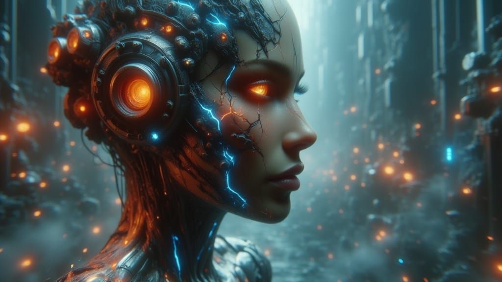 Futuristic Biomechanical Figure in High-Tech Lab