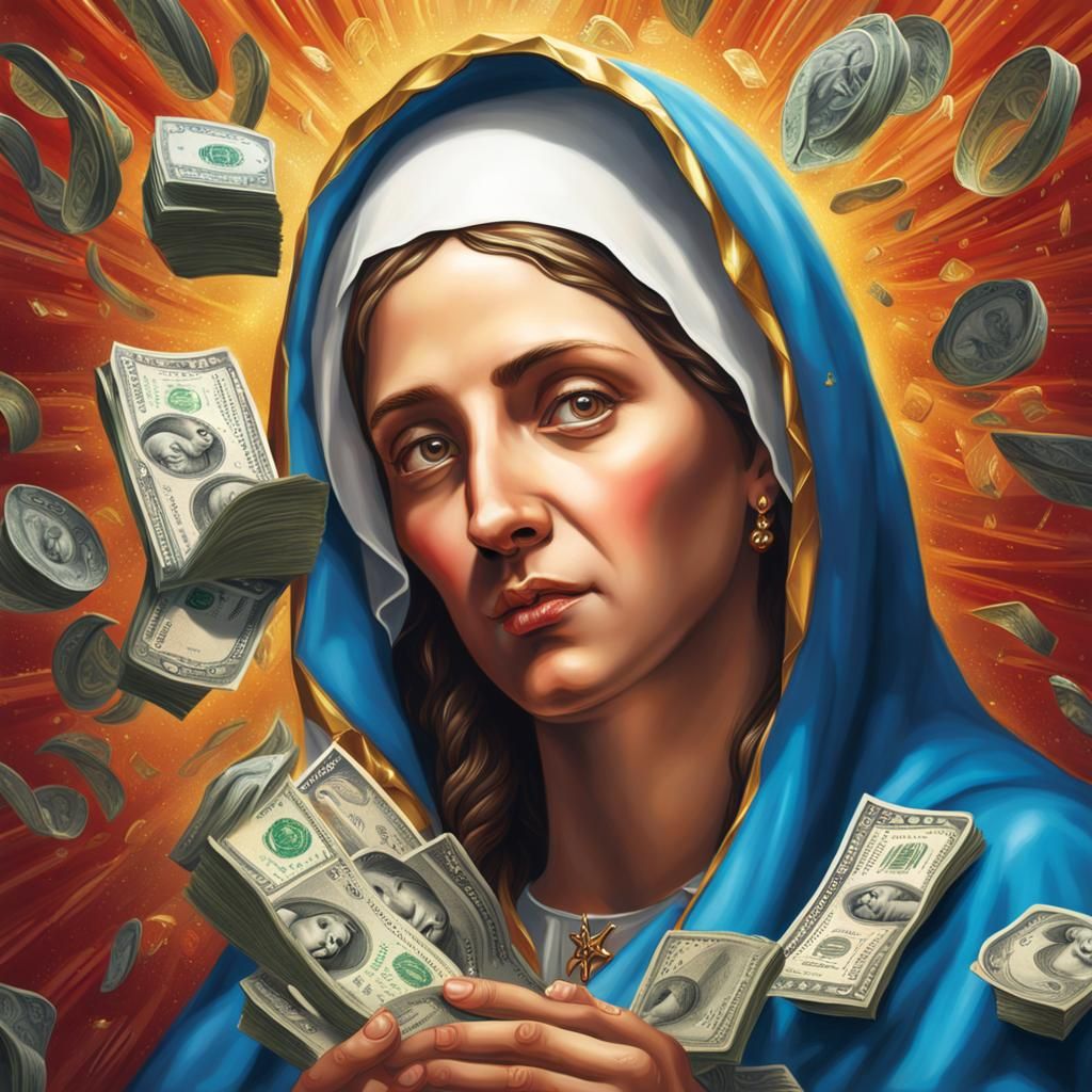 Hyperrealistic Virgin Mary with Money, Splash Art