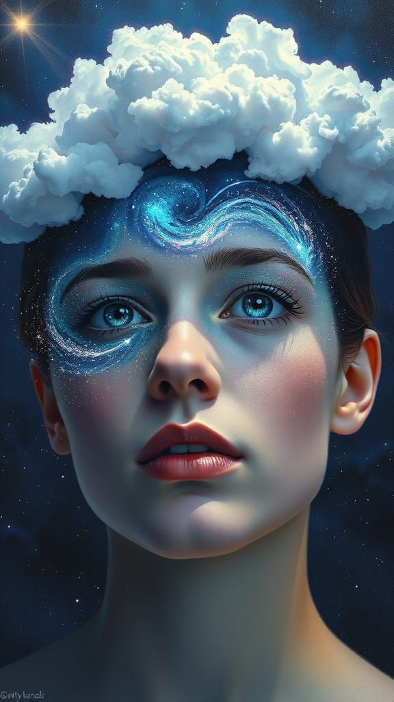 Celestial Portrait with Galaxy Eyes and Cloudtops