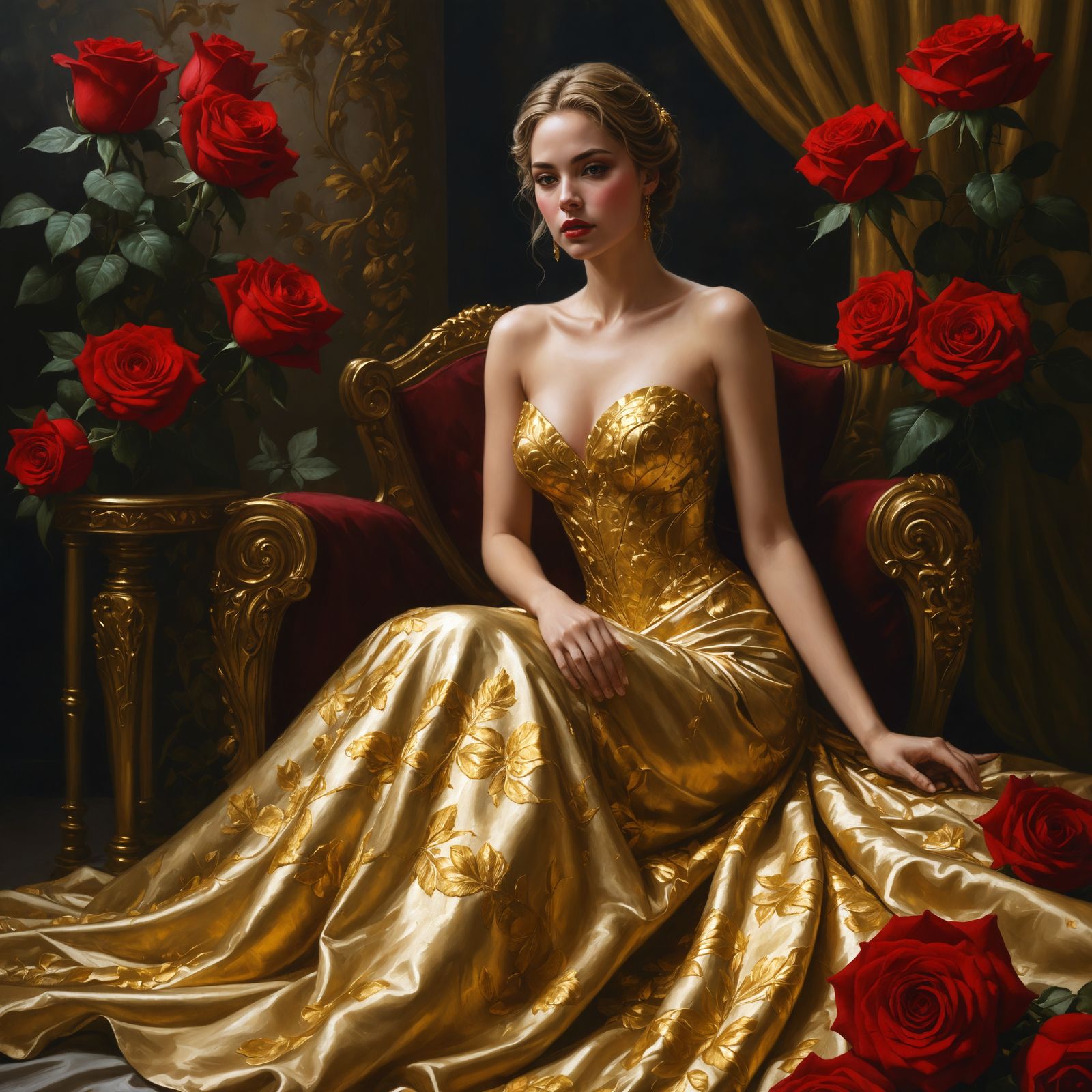 Woman in Golden Dress with Roses, Realistic Fantasy Art
