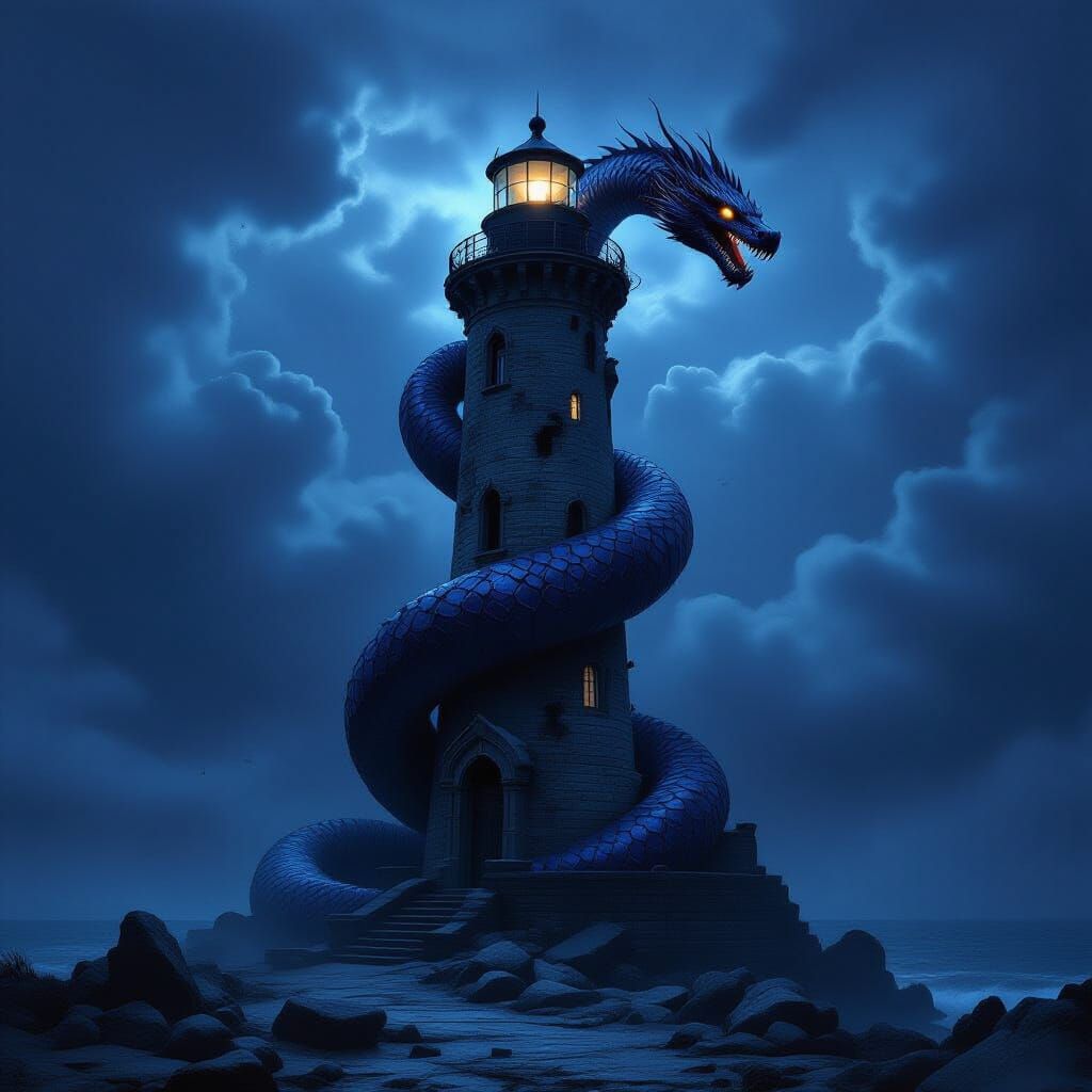 Ancient Sea Serpent Around Gothic Lighthouse
