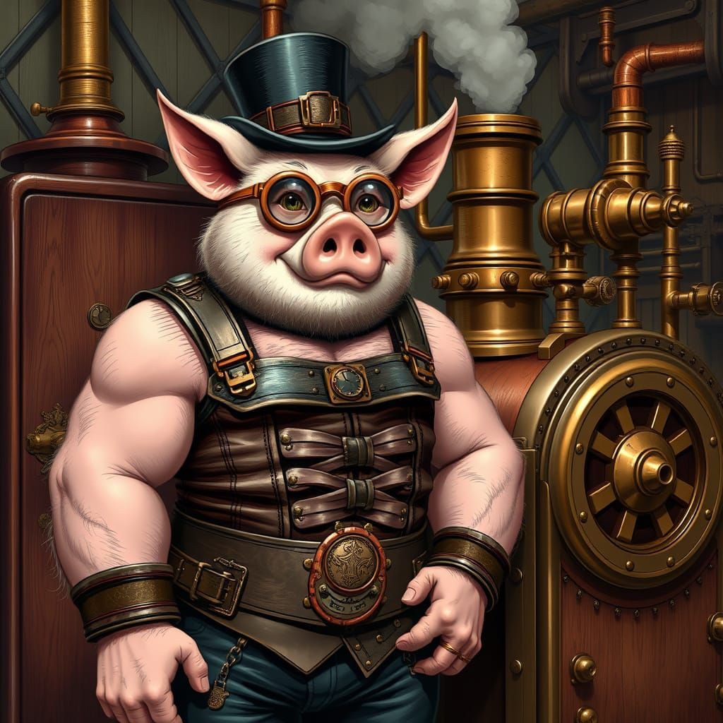 Steampunk Engineer with Pig's Head and Brass Corset