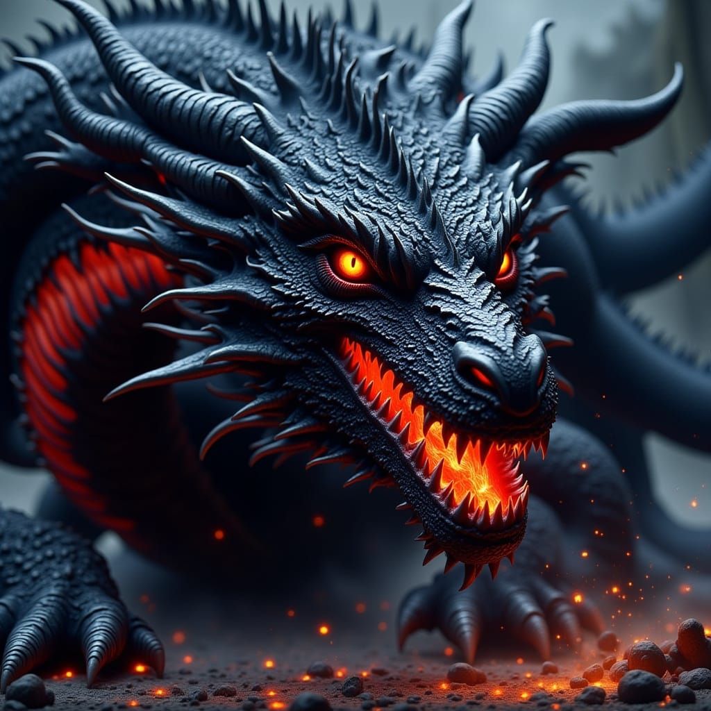 Majestic Fire-Breathing Dragon with Black and Red Scales