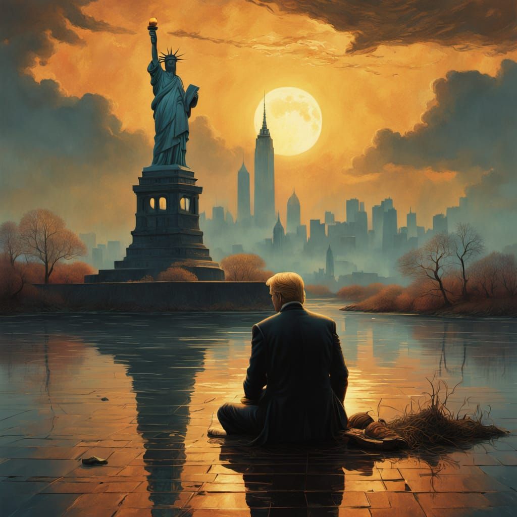 Trump on His Knees, Begging Statue of Liberty to Stay in a V...