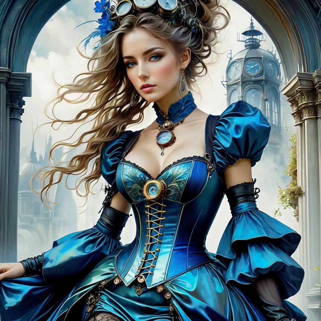 Steampunk Woman in Iridescent Blue Dress
