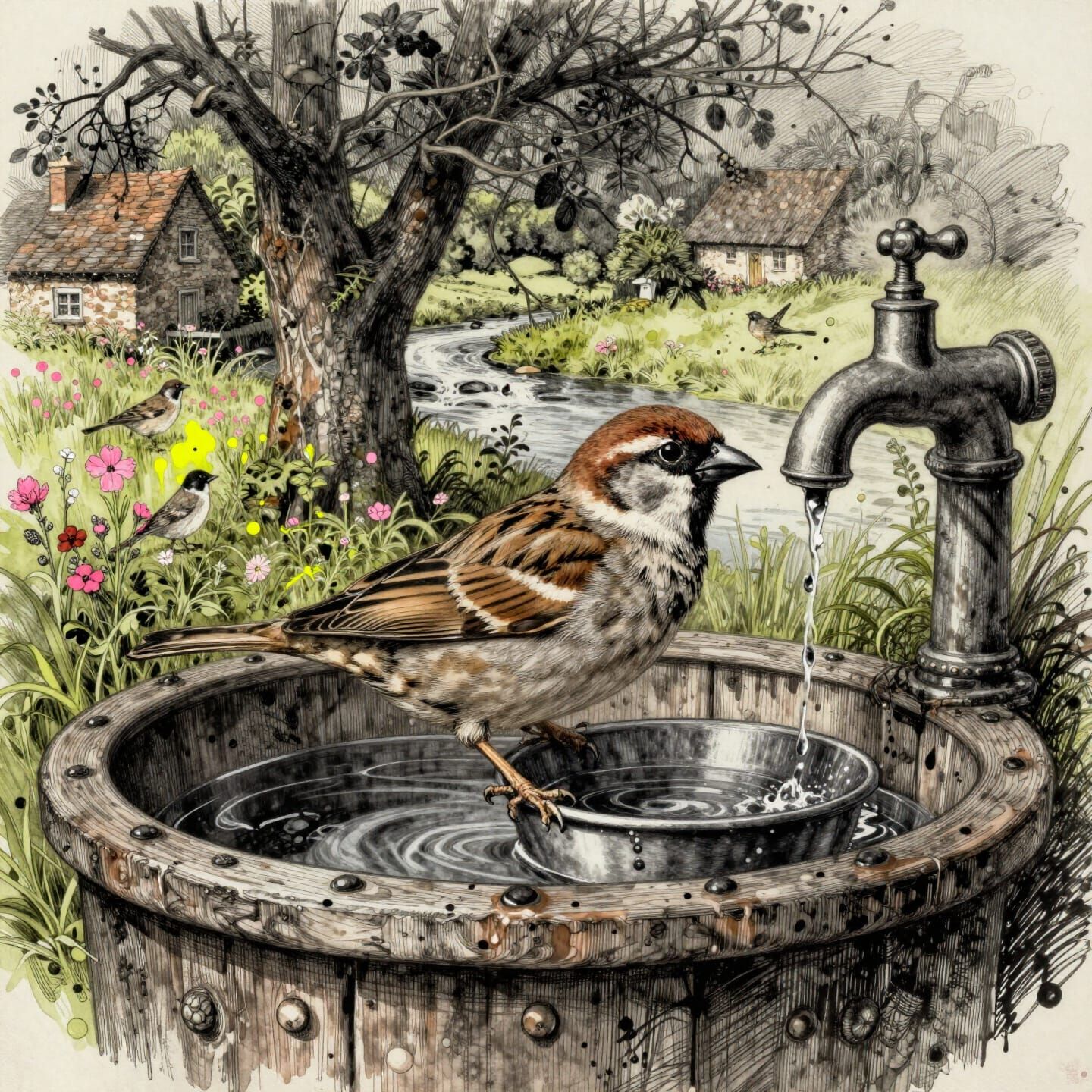 Create a closeup double exposure Sparrow sitting on a metal water bowl on a wooden textured wishing well, country cottag...