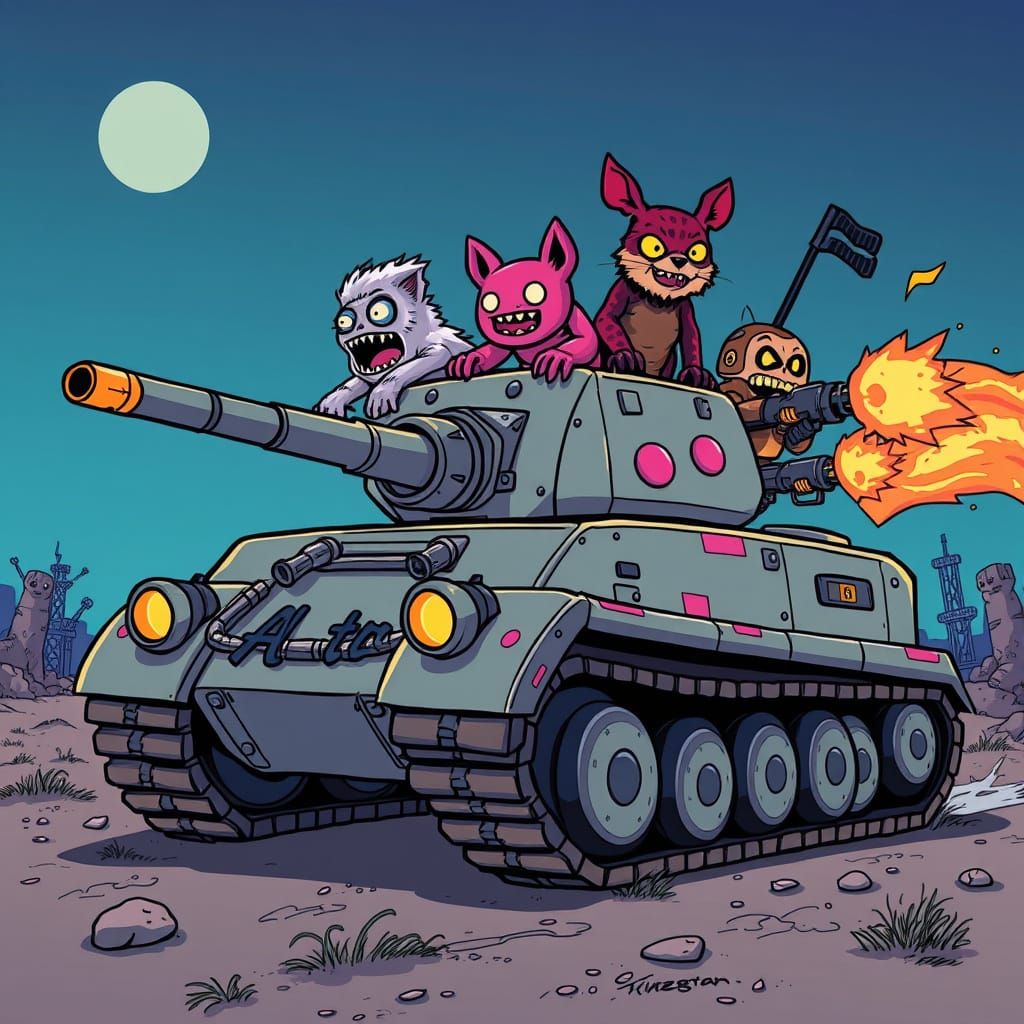 Gritty Cartoon Tank Battles in Dark Punk Rock Style