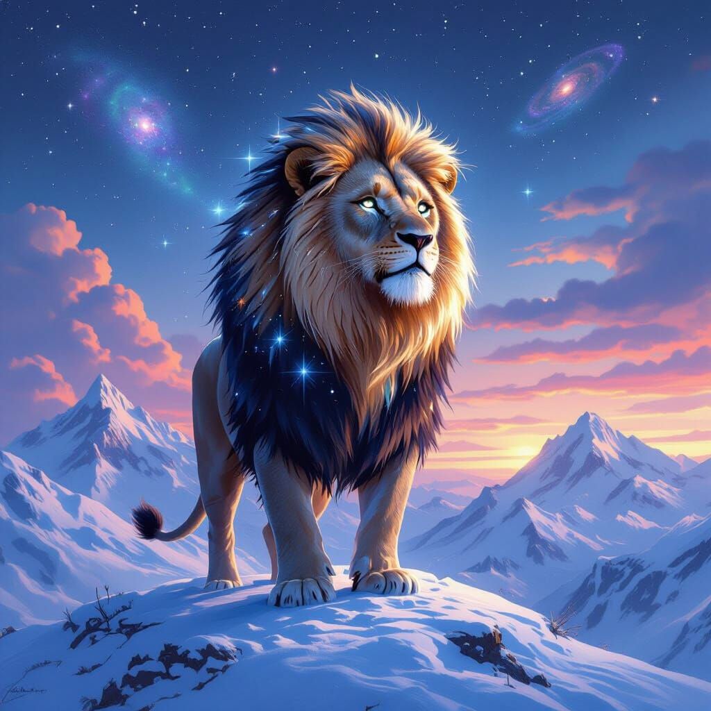 Starlight Lion on Snowy Mountain, Digital Painting