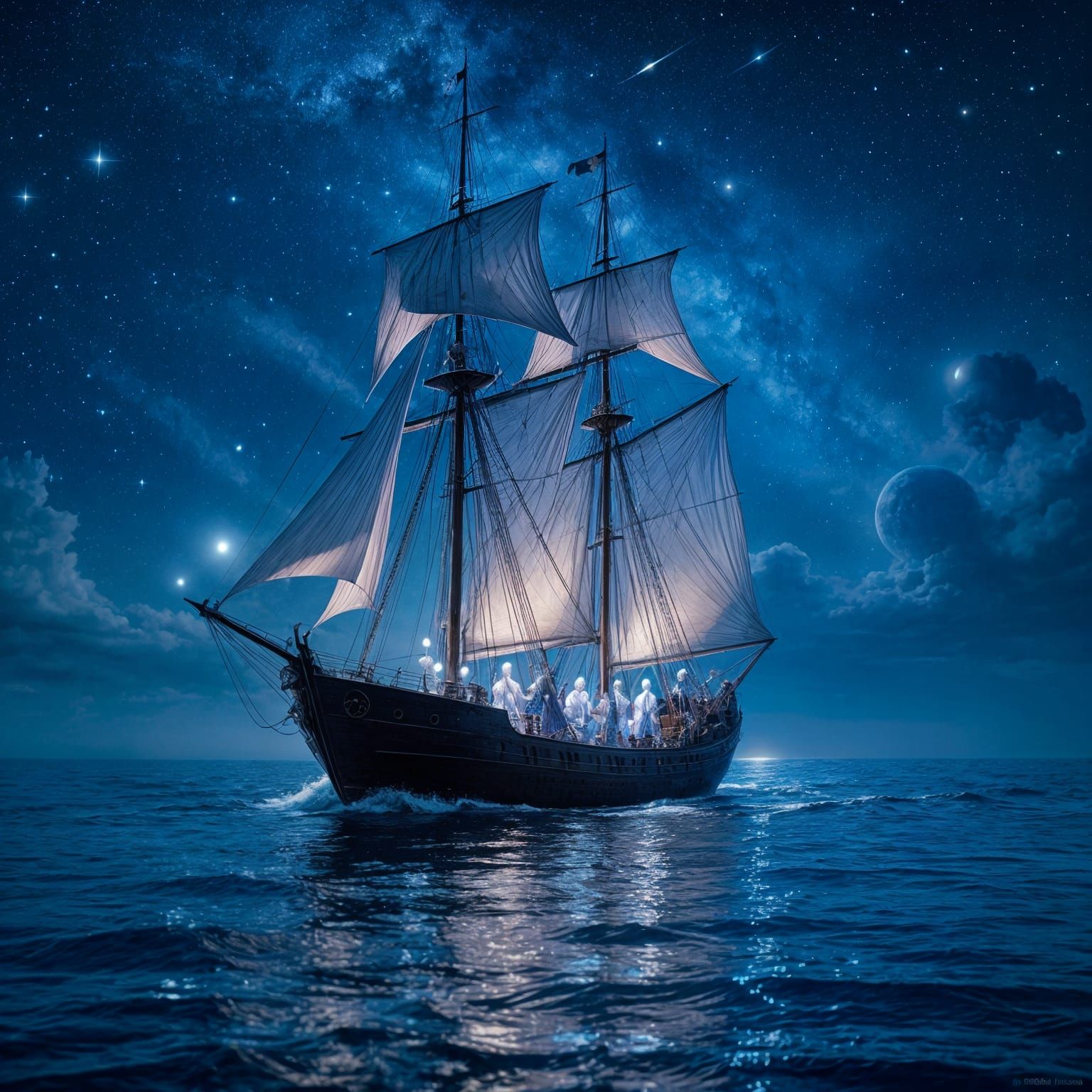 Spectral Schooner Sailing a Starlit Sea