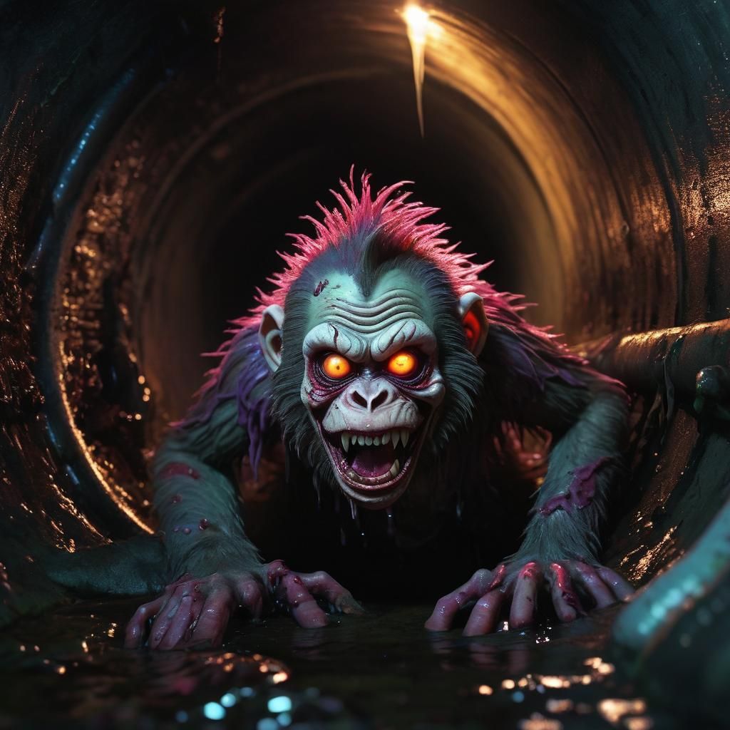 Creepy Zombie Monkey Clown Crawling in Sewer