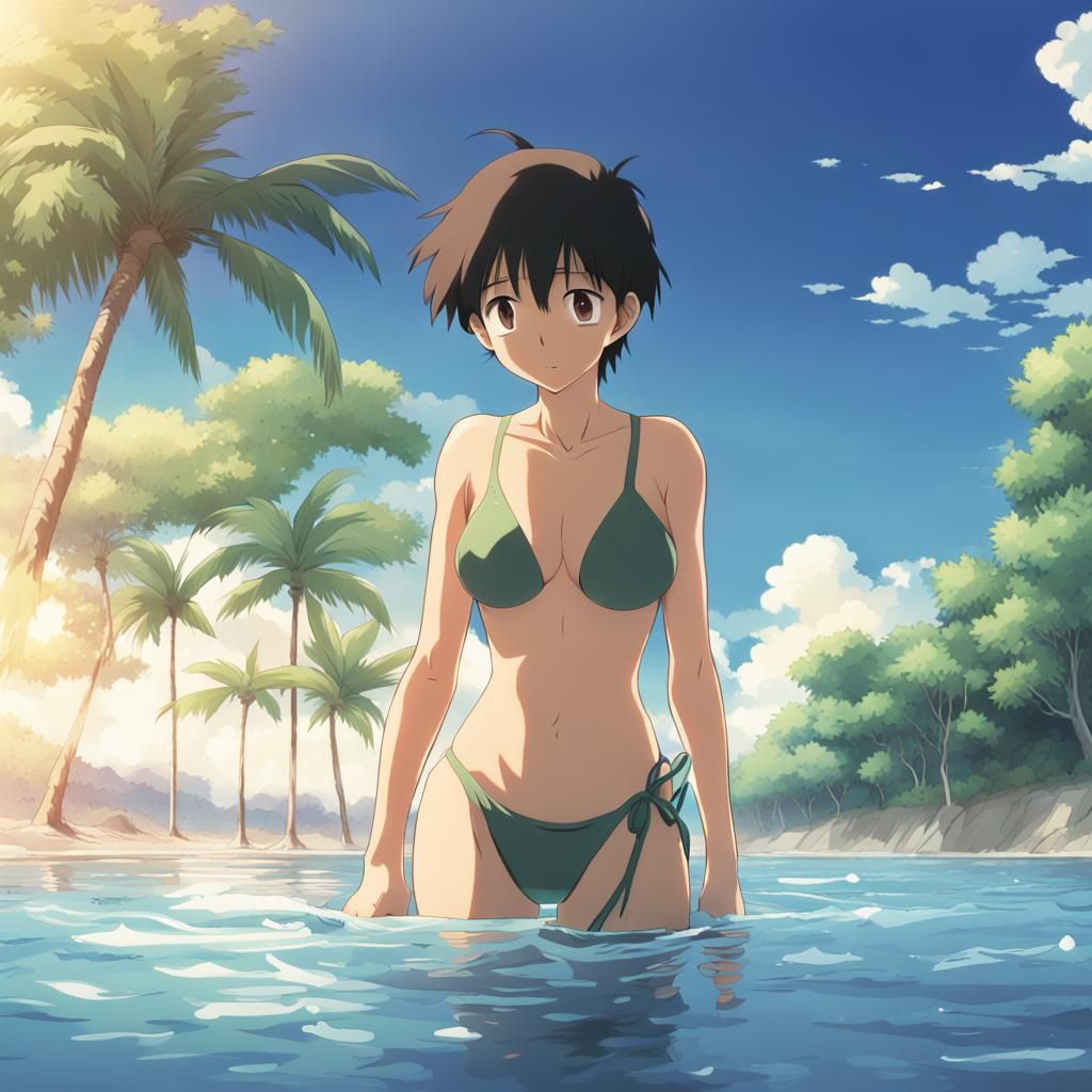 Anime Boy with Woman's Chest in Bikini: Ghibli Style