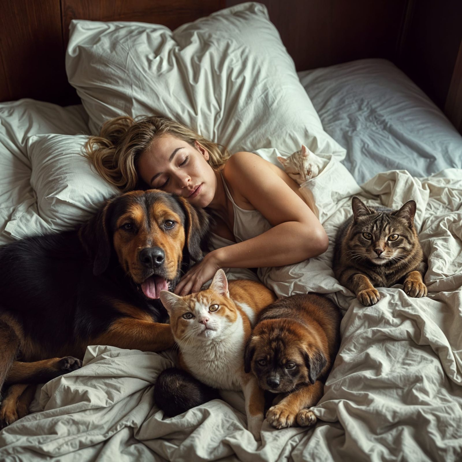 Woman Sleeps Peacefully with Loyal Canine and Feline Compani...