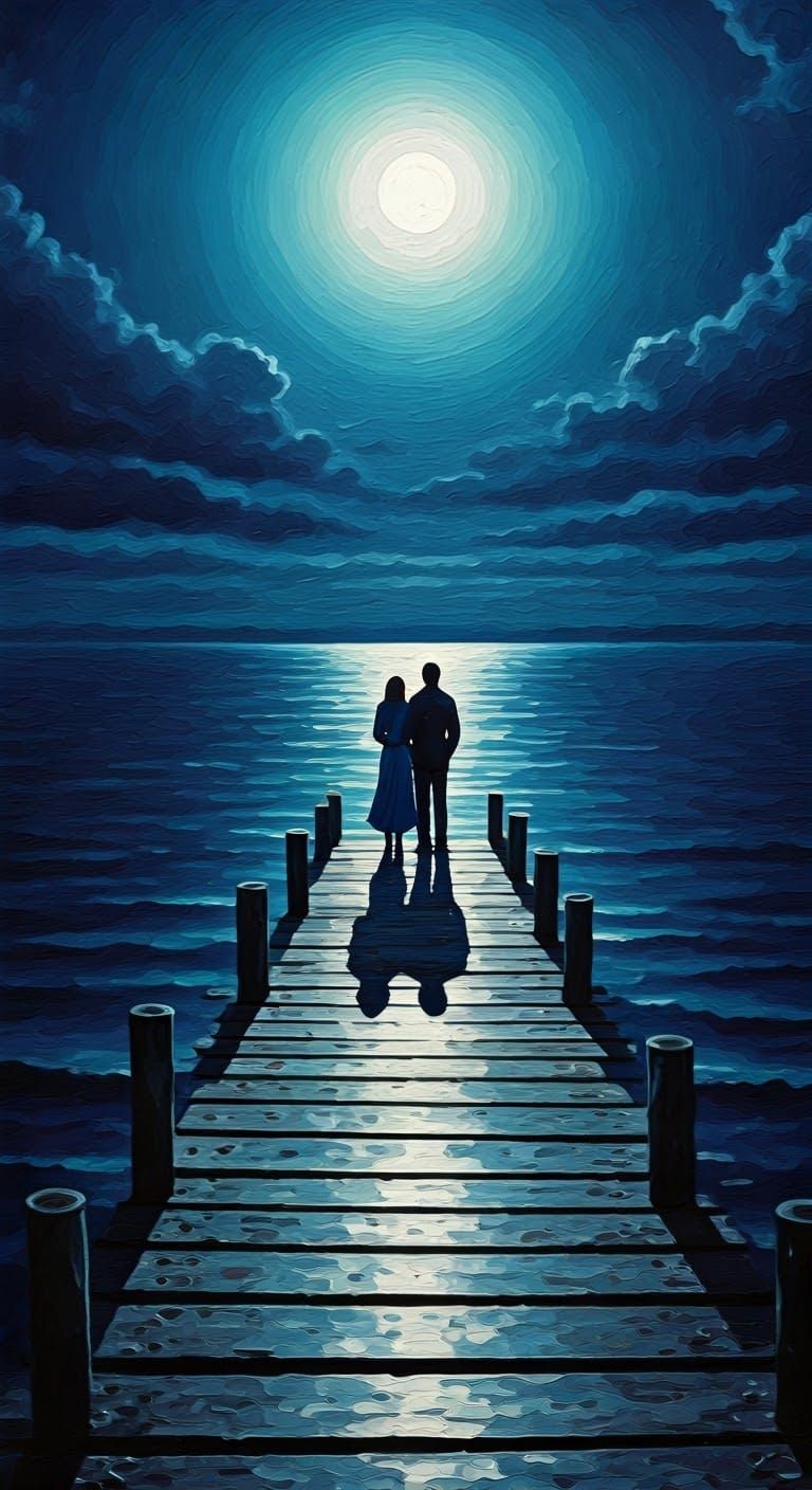 Nighttime Pier Scene in Deep Blues and Moonlit Silver