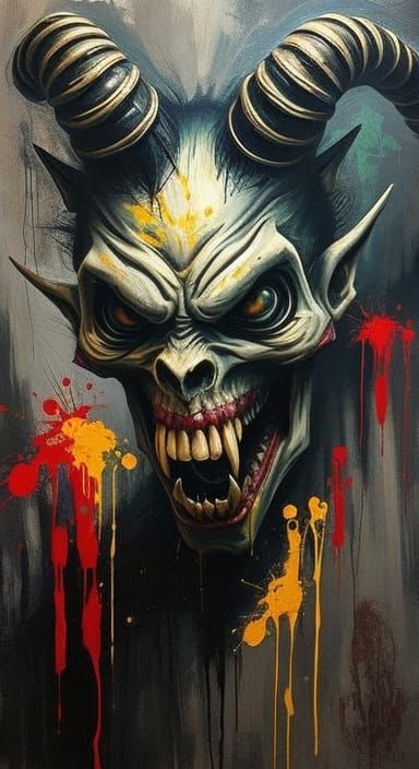 Grotesque Demon Visage in Biomechanical Oil Painting