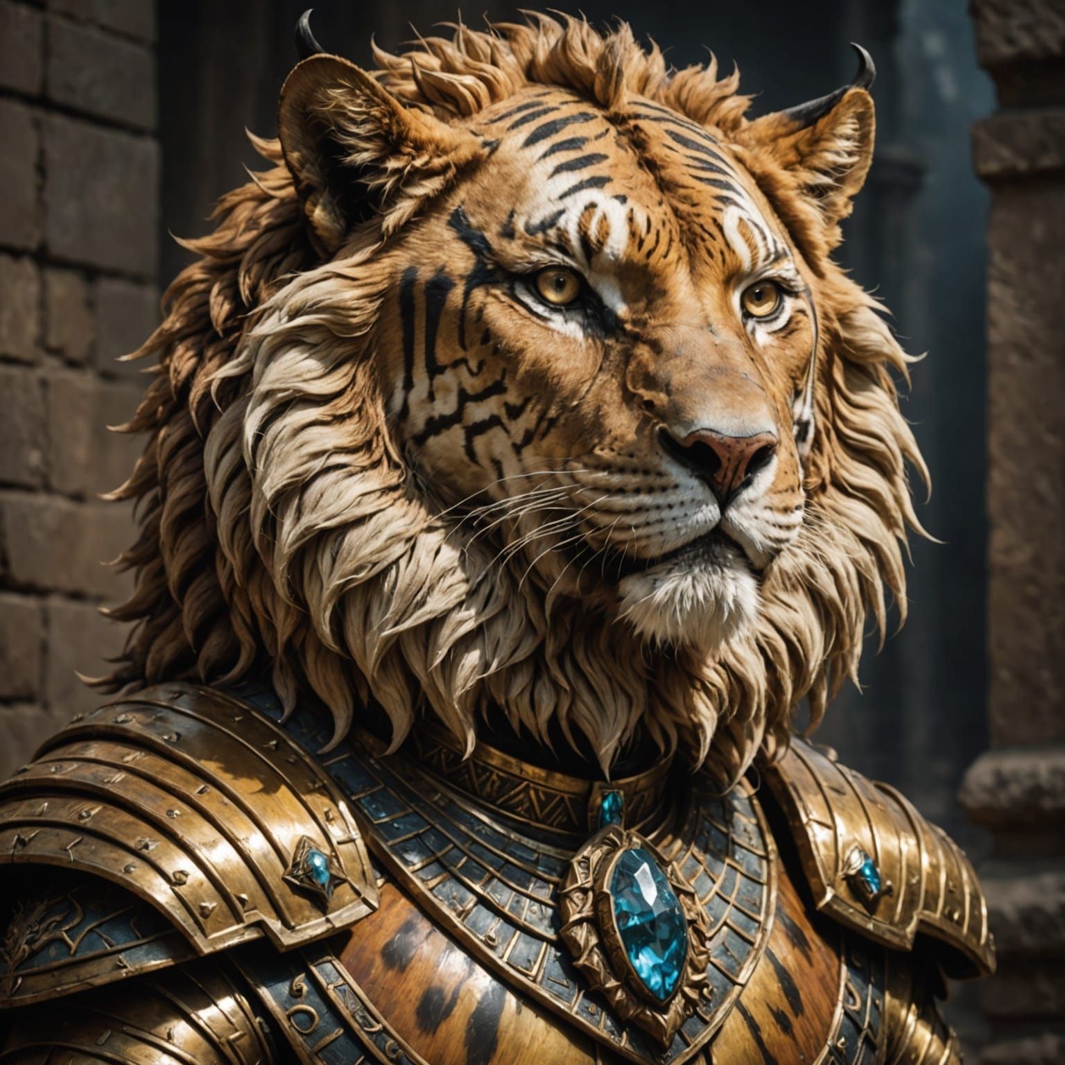 Majestic Lion-Lioness Hybrid in Ancient Greek Attire
