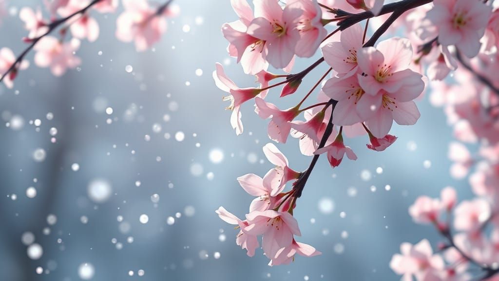 Snow whispers softly / Cherry blossoms bow in peace / Winter...