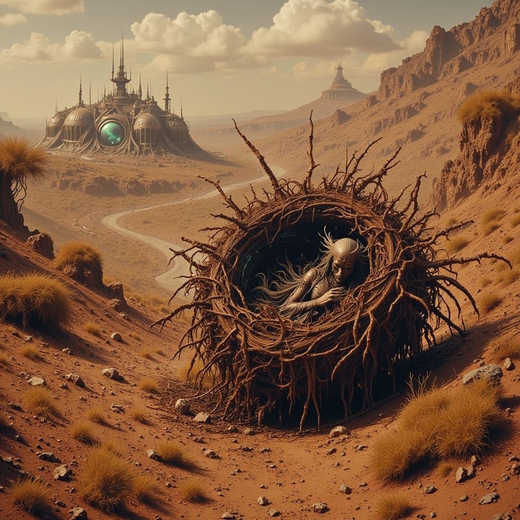 Tangled Desert Nest Unfurls Down Sci-Fi City's Glimmering Do...