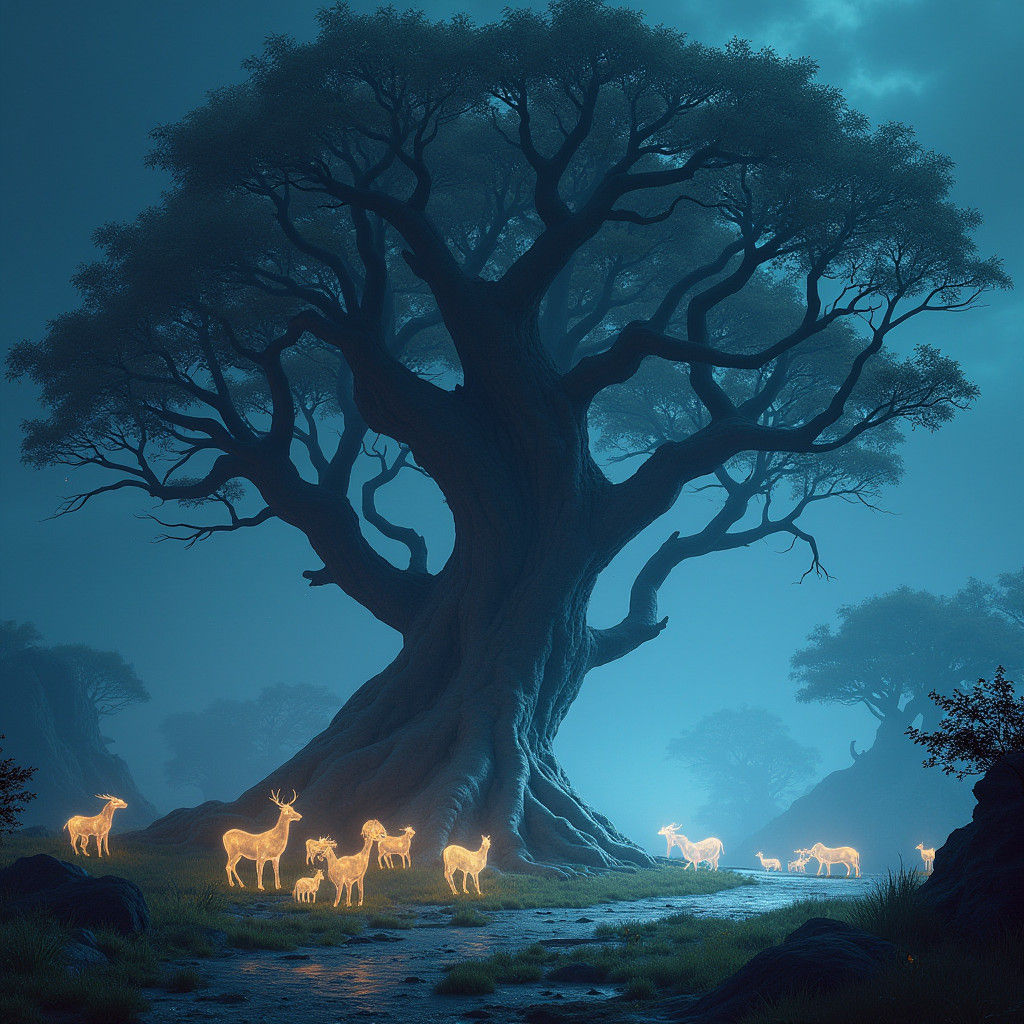 Mystical Tree with Ghostly Animals in Dreamlike Realm