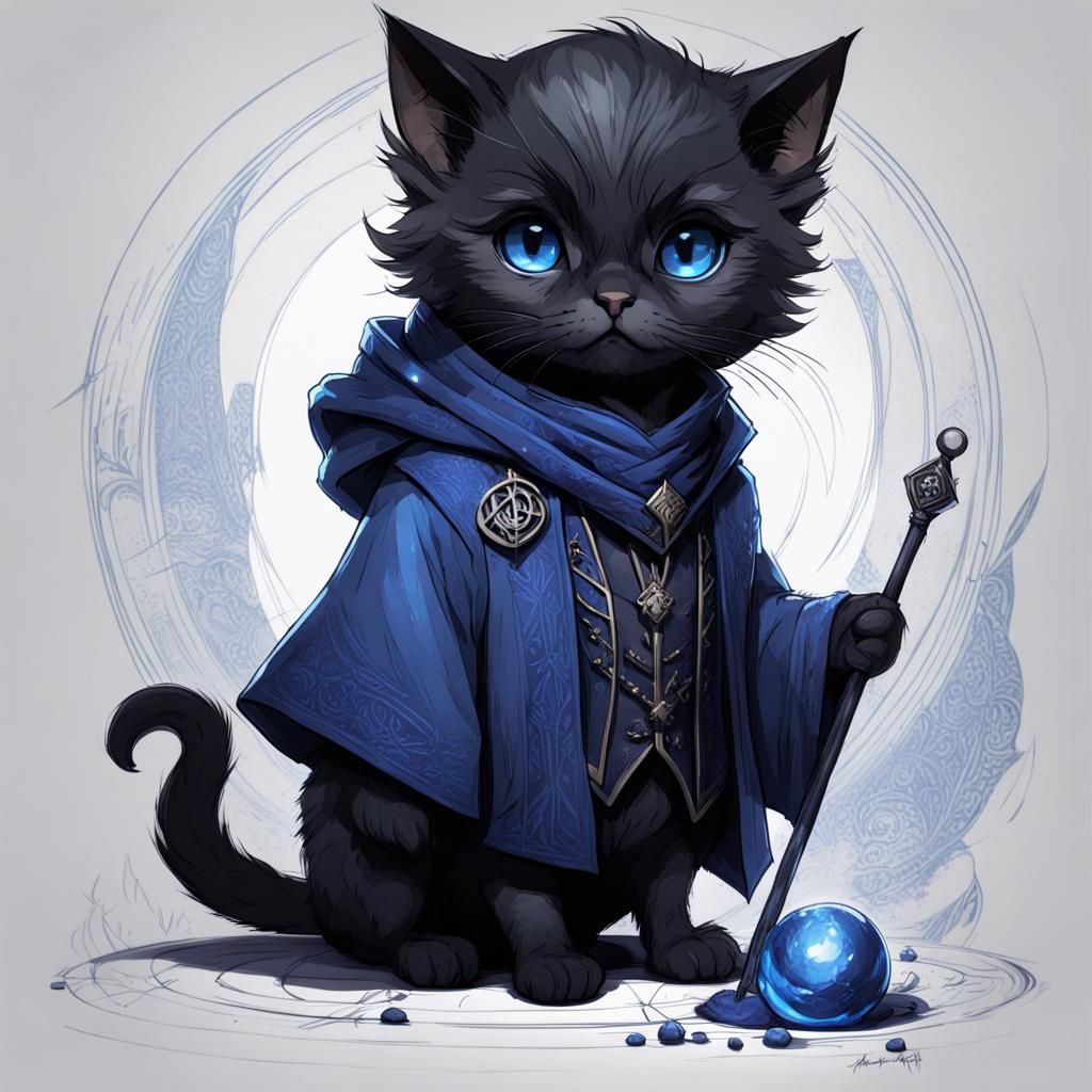 Chibi Black Cat as Harry Potter in Ink Sketch