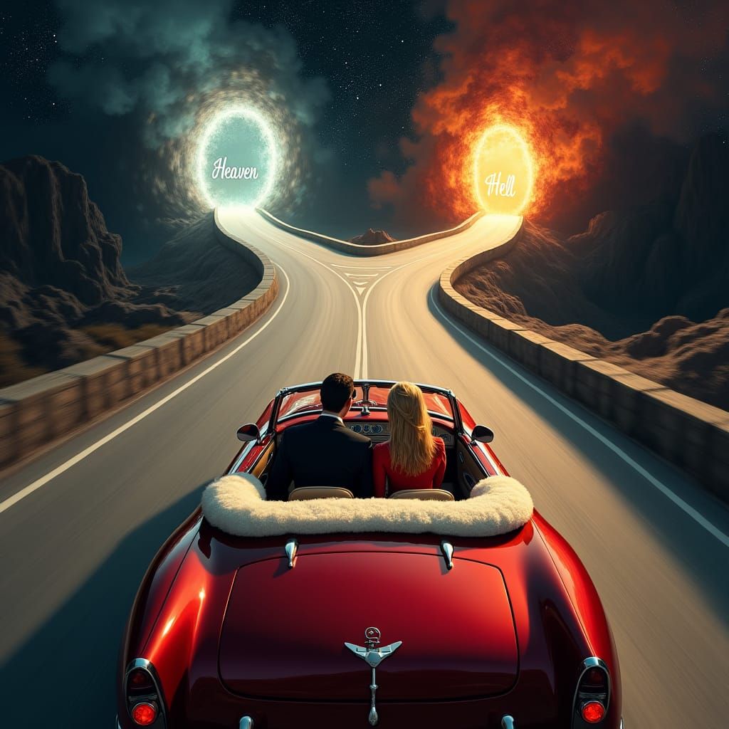 Convertible on Cosmic Road to Heaven or Hell