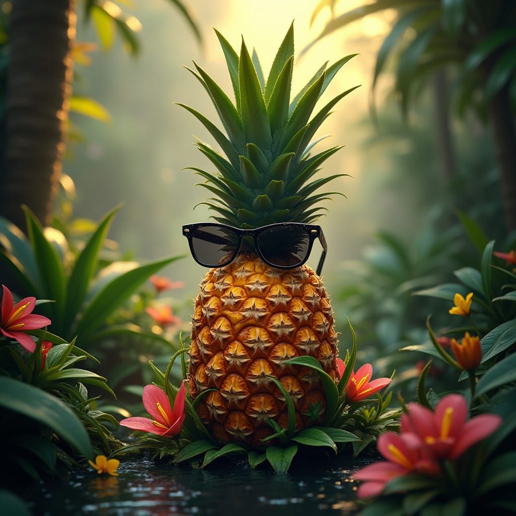 Surreal Pineapple Radiates Mystical Wonder in Rainforest Oas...